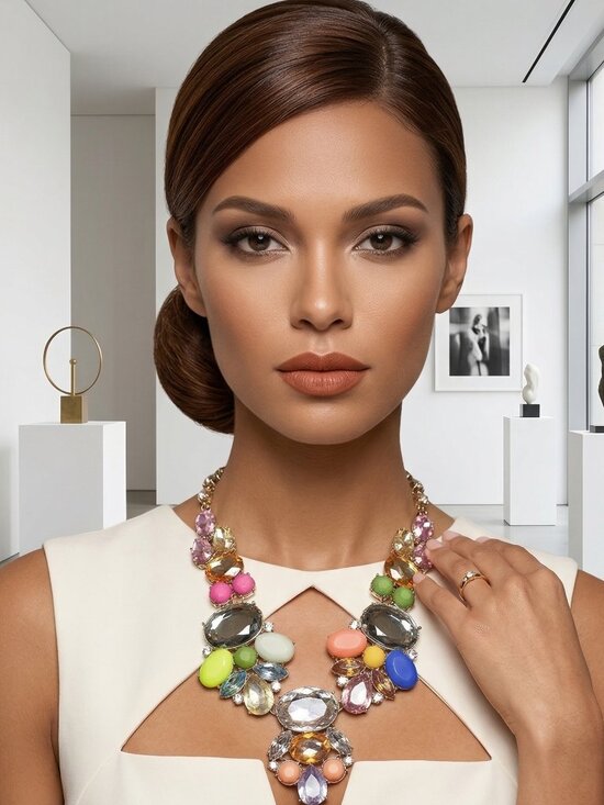 Vibrant Multi-Color Crystal Statement Necklace - Picture 2 of 4